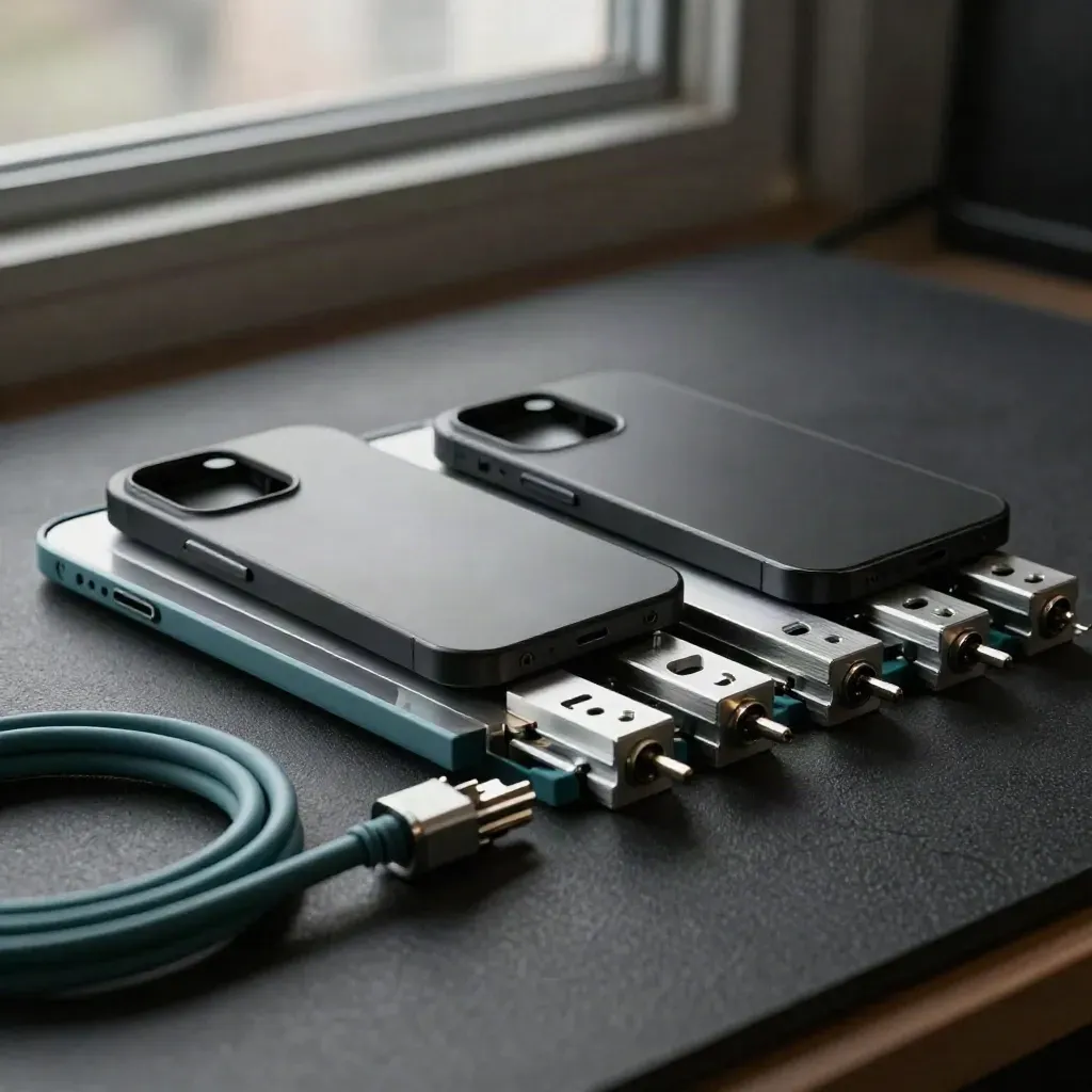 Blank prototype phone and tablet shells, aluminum spacers, and testing cables on a rubber mat.