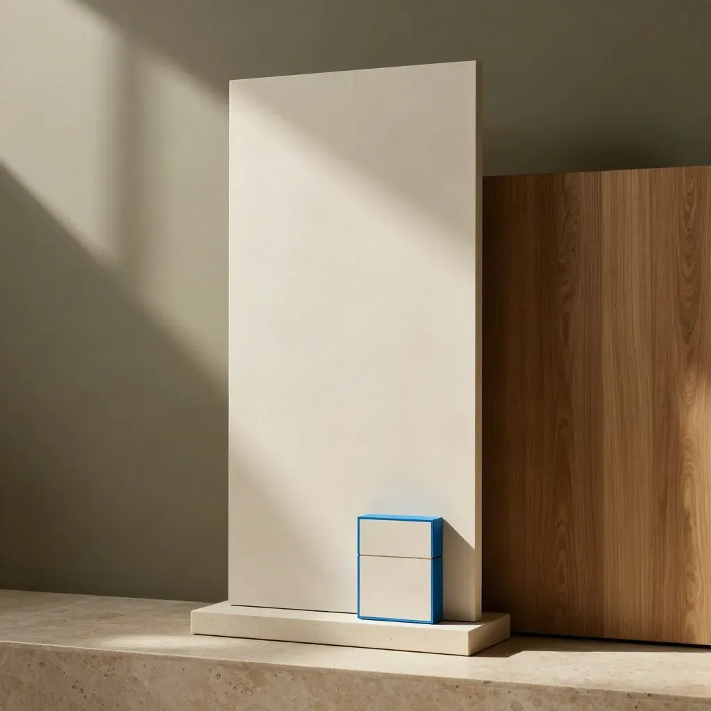 Ivory landing-page sculpture with blue accents on a travertine plinth in warm window light