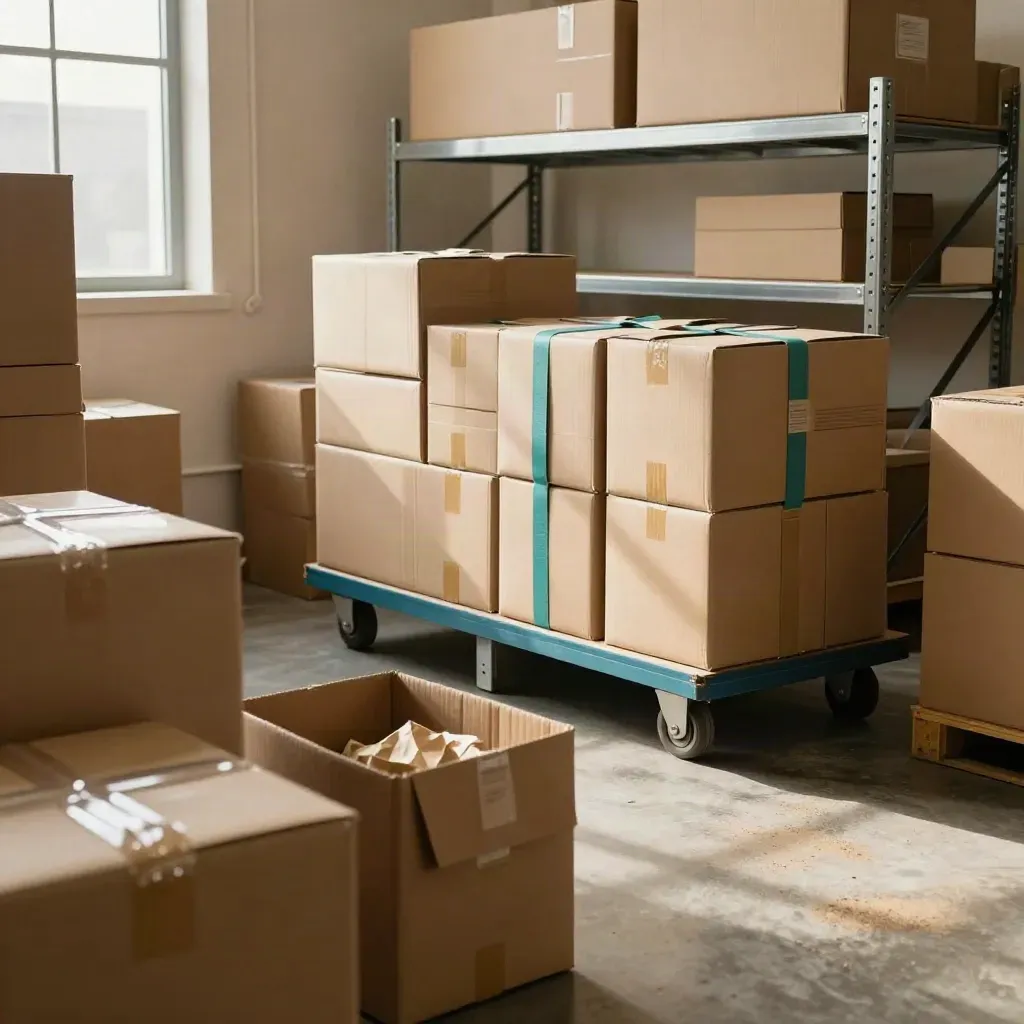 Stockroom parcels, cartons, shelving, and teal accent in warm dust-light.