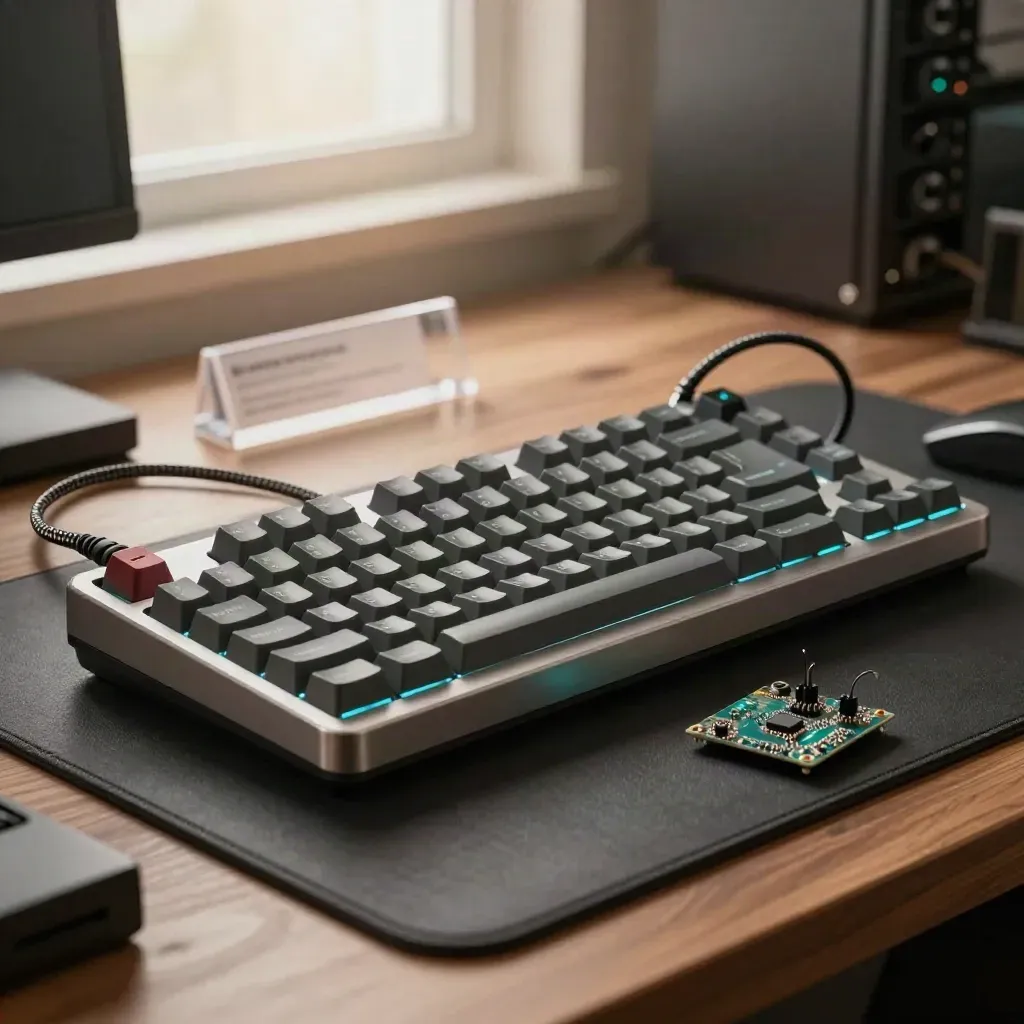 Mechanical keyboard, braided cable, aluminum hub and circuit board on a dark workbench, dramatic tech still life.