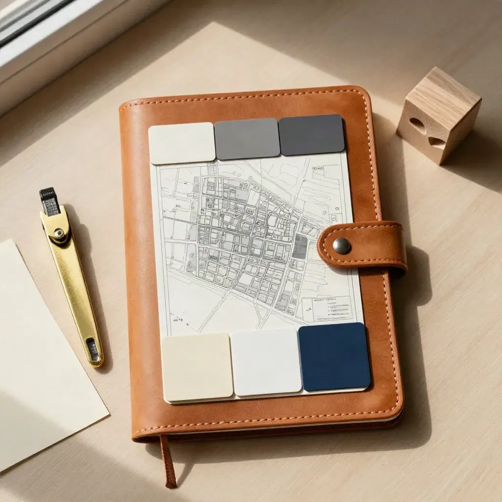 Overhead leather notebook, brass divider, grid tiles and wood blocks on pale ash wood
