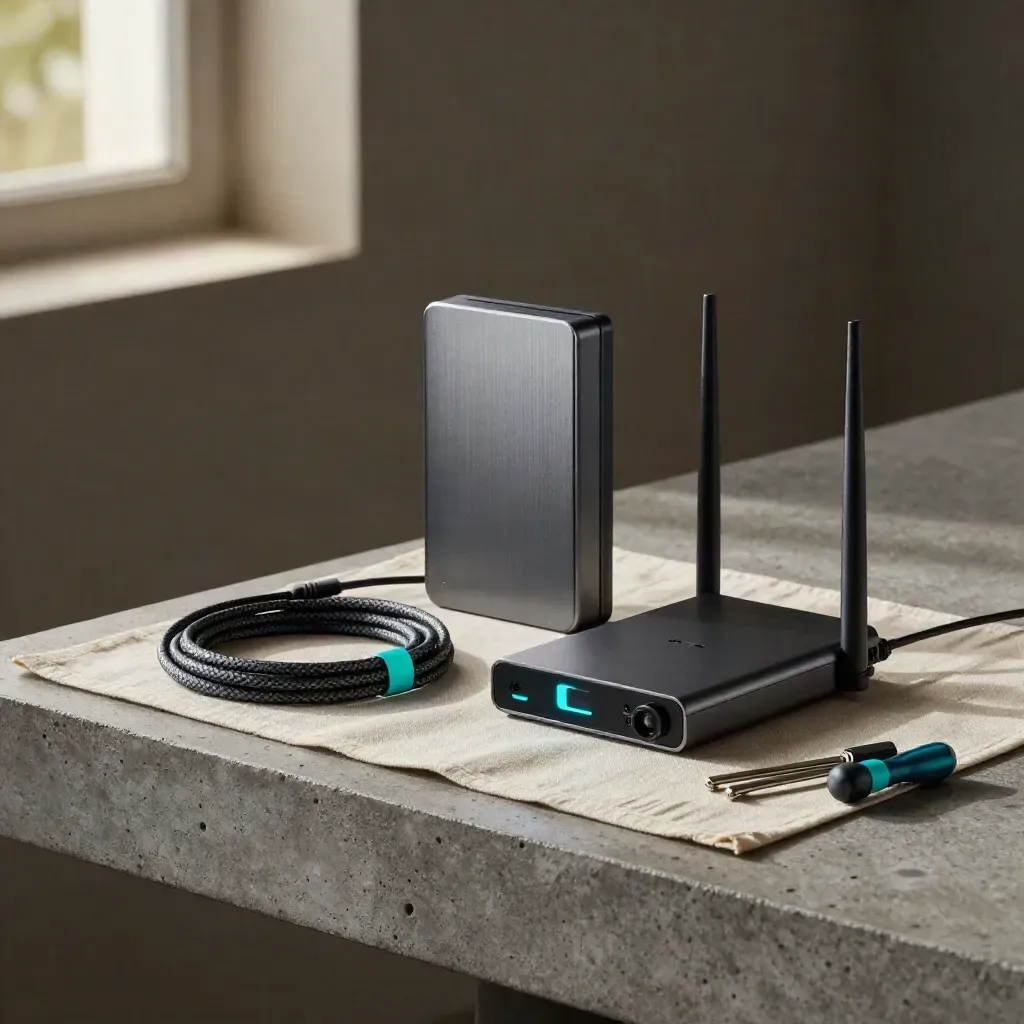 Router, backup drive, cables and tools on a concrete shelf with teal status light.
