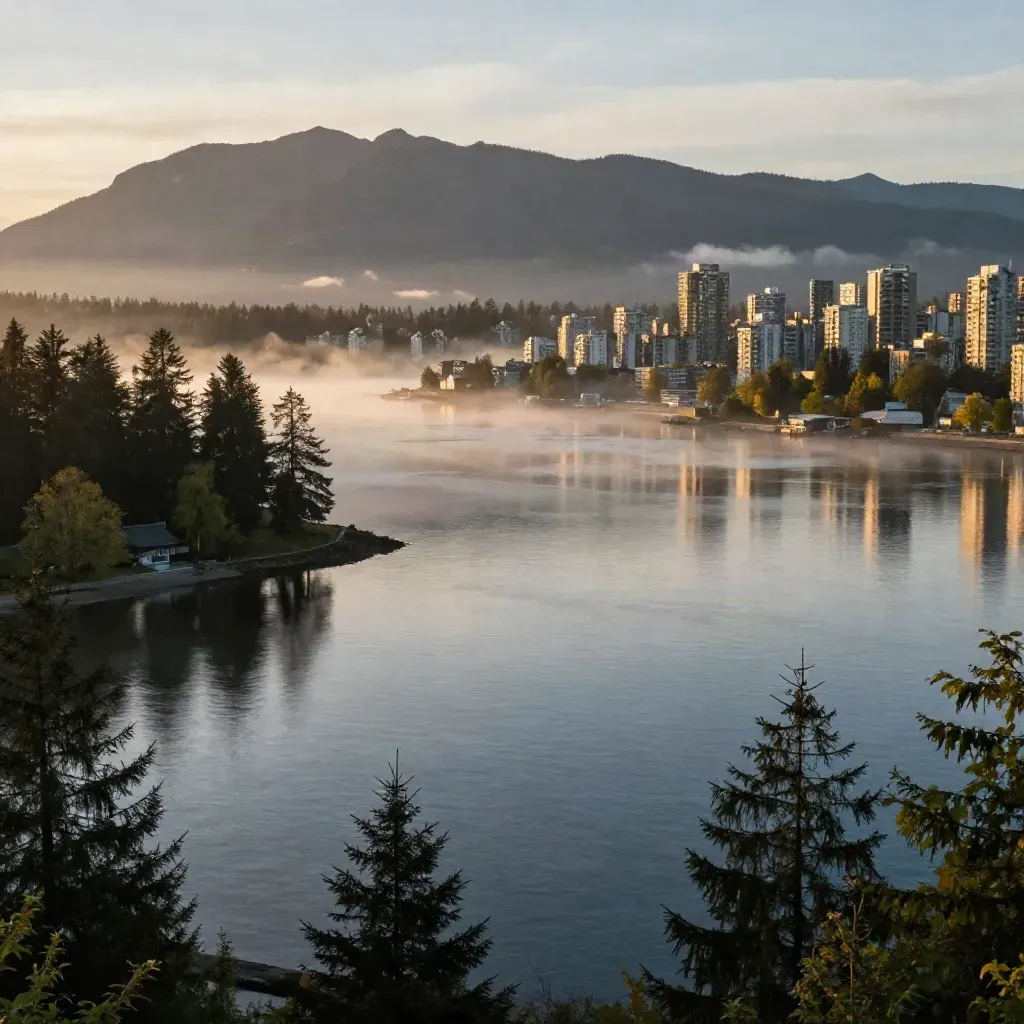 Vancouver Harbour at golden hour with misty North Shore mountains and cedar shoreline.